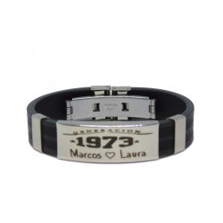 Pulsera ancha de caucho y acero  grabada con su diseño