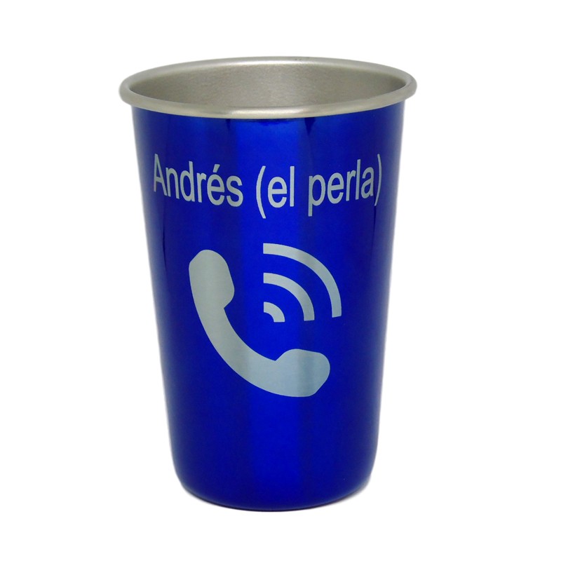 Vaso aluminio grabado con texto y dibujo