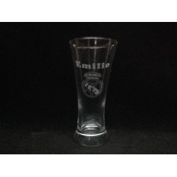 Vaso de cerveza grabado con texto y escudo de futbol